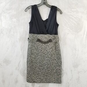 Rickie Freeman Teri Jon Dress Women 14 Black Gold Metallic Chain Belt Lined LBD